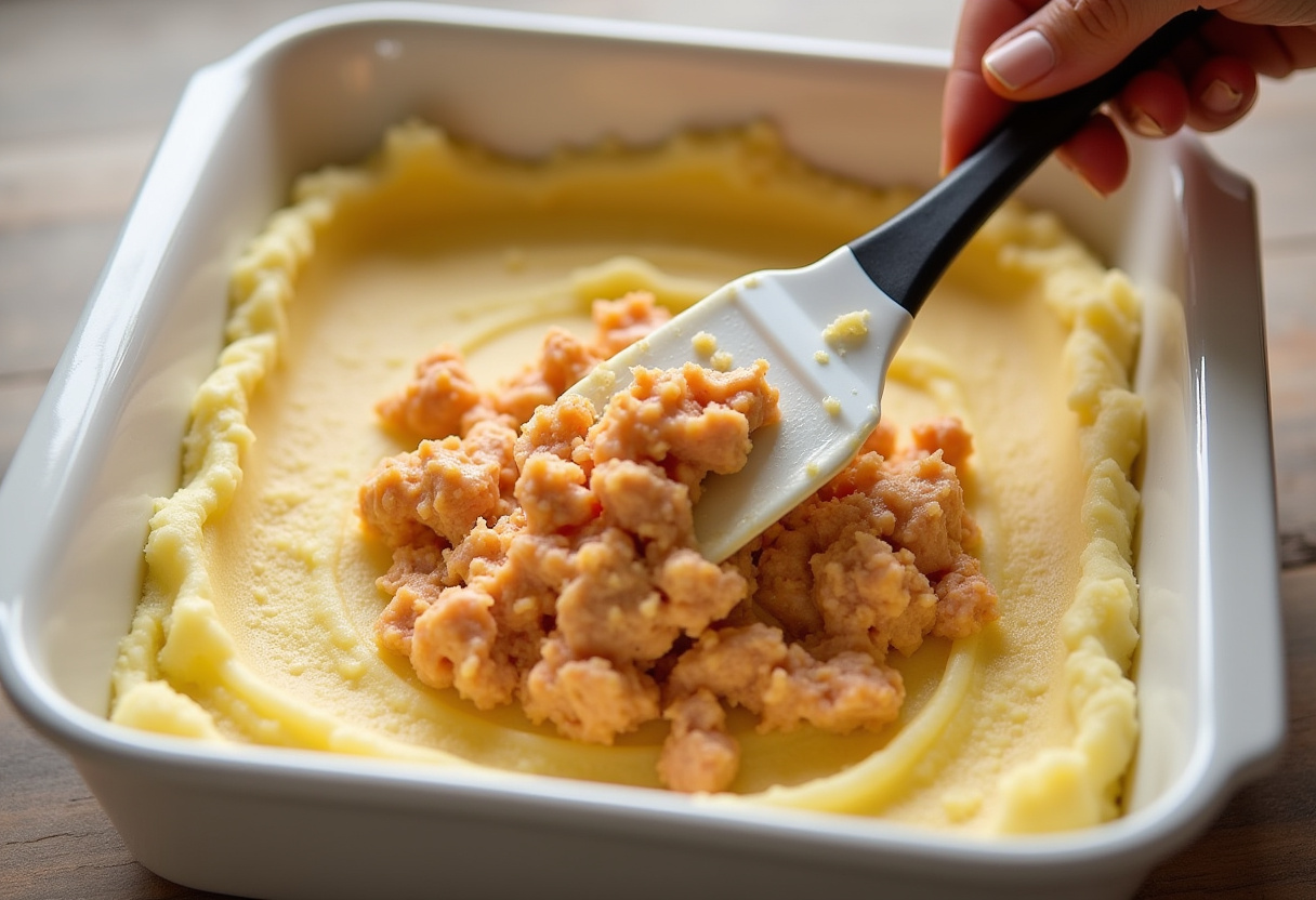Mistura de atum sendo espalhada sobre a camada de purê de batata na Torta de Atum.