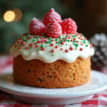 Finished Christmas blender cake decorated with festive sprinkles and icing.