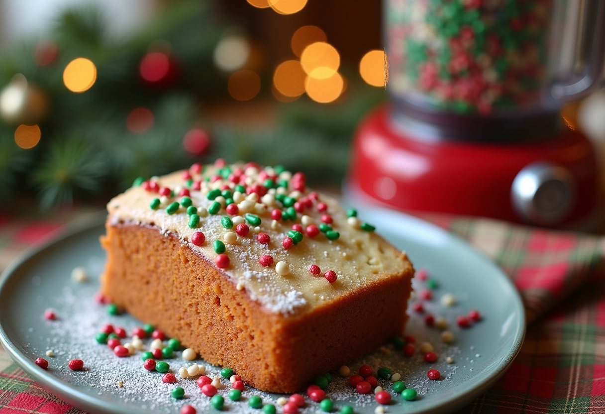 Finished Christmas blender cake decorated with festive sprinkles and icing