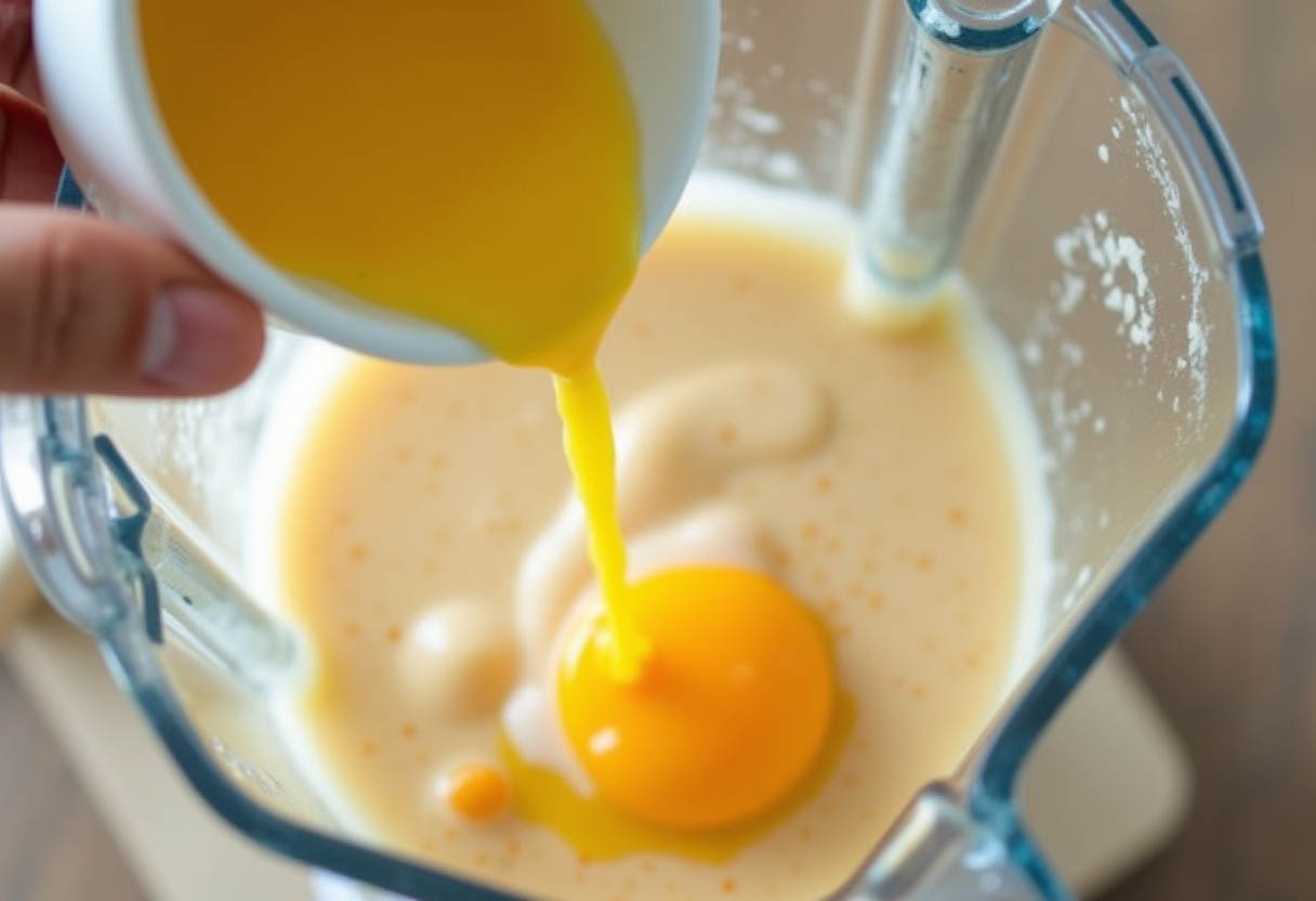 Eggs and milk being added to the blender for Christmas cake batter