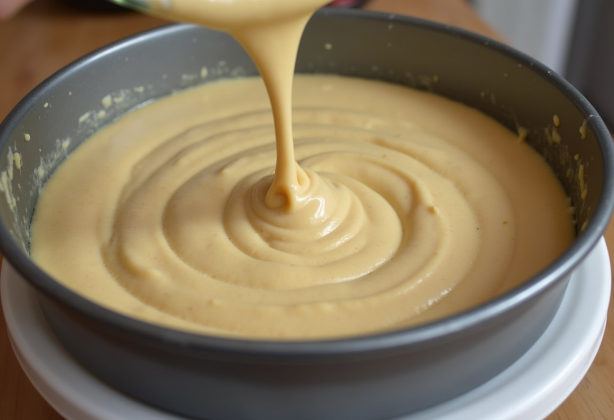 Cake pan being filled with batter for Christmas blender cake