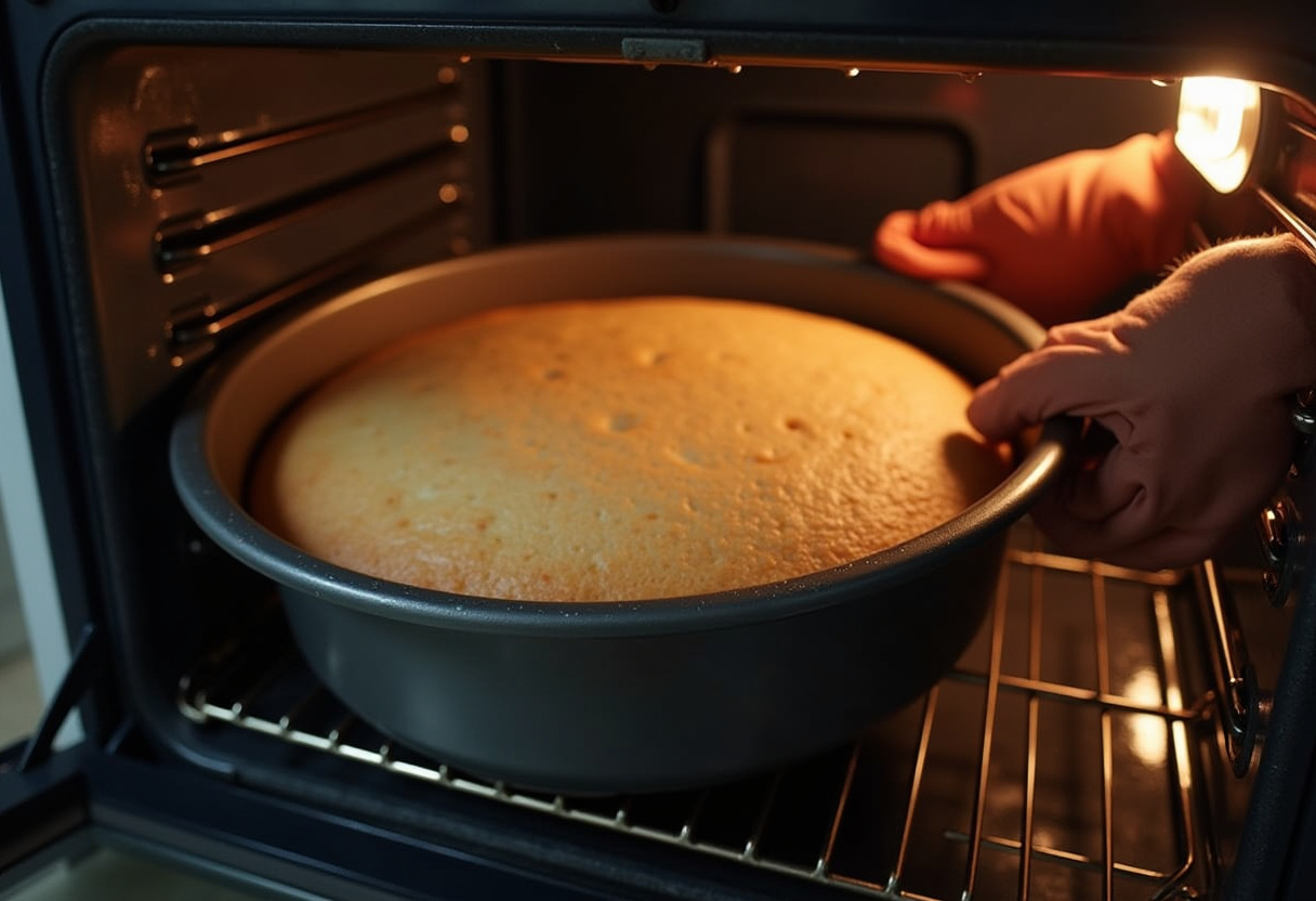 Christmas blender cake batter being placed in the oven to bake