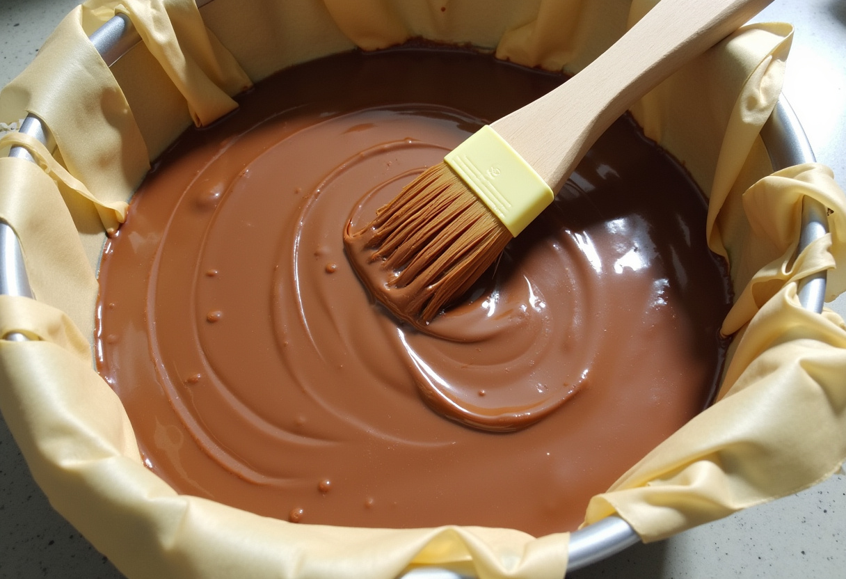 Forma untada e forrada com papel manteiga para assar o bolo de chocolate.