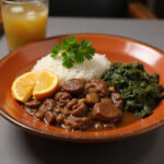 Feijoada completa servida com arroz, farofa, couve e laranja, um prato tradicional brasileiro perfeito para um almoço especial.