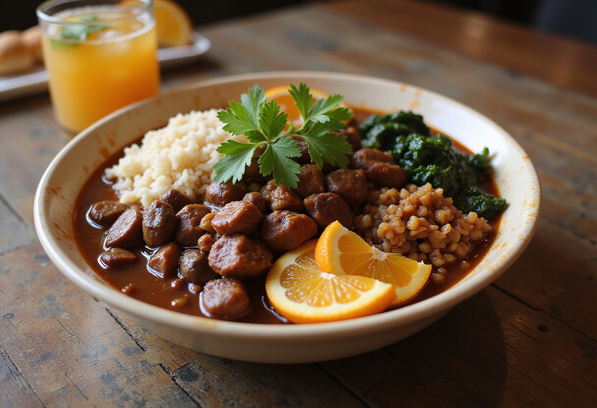 Feijoada completa servida com arroz, farofa, couve e laranja, um prato tradicional brasileiro perfeito para um almoço especial.