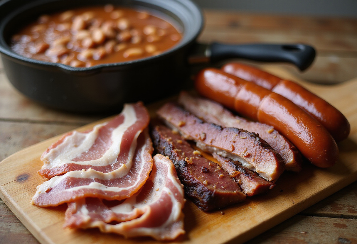 Variedade de carnes de porco defumadas e salgadas, ingredientes essenciais para uma autêntica receita de feijoada brasileira.