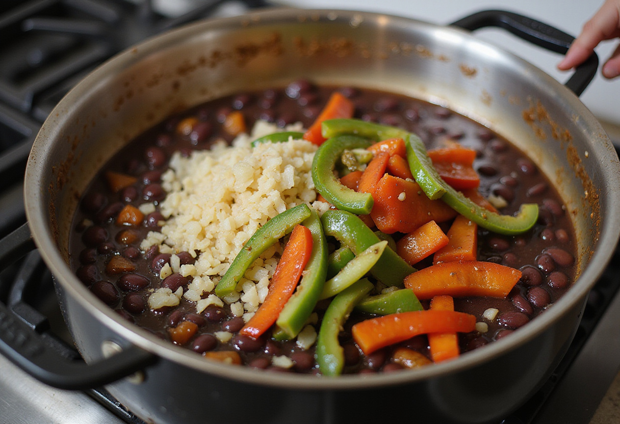 Refogado de cebola, alho e pimentões sendo incorporado ao feijão preto, base para o sabor irresistível da feijoada.