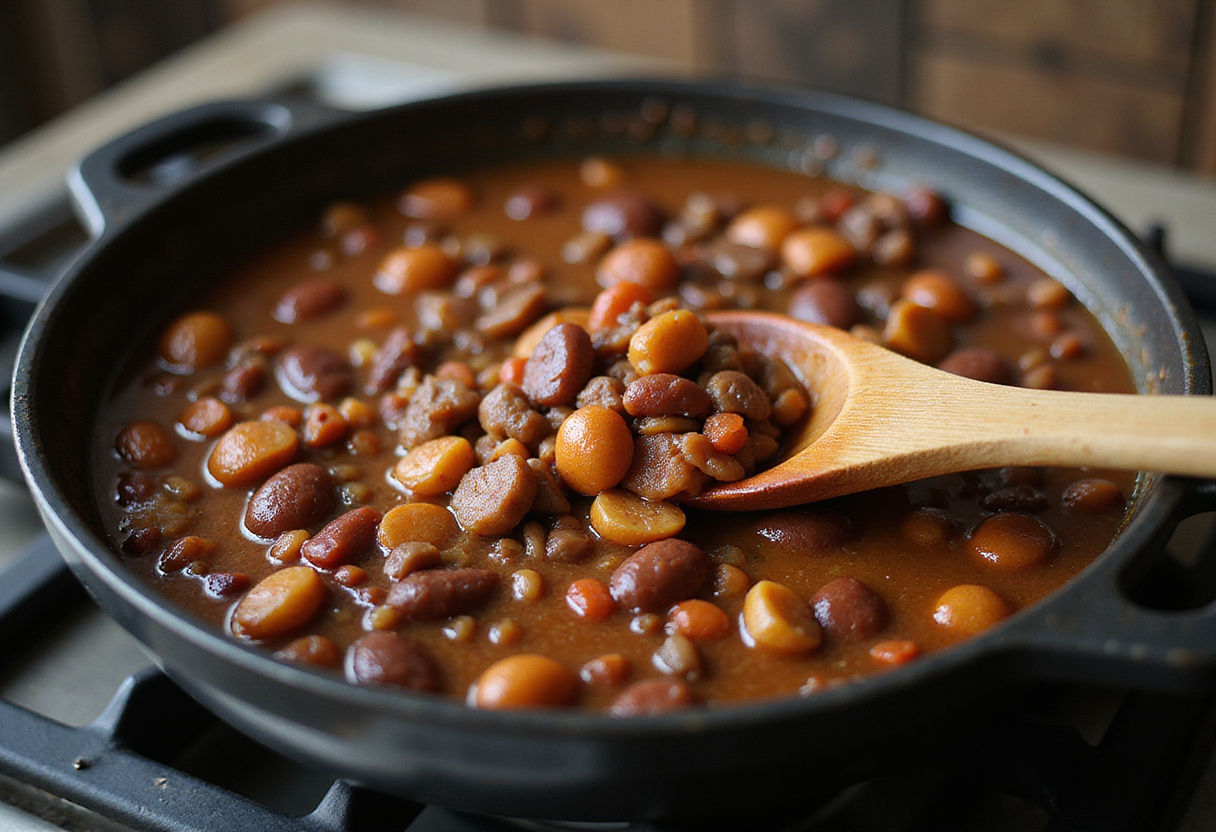 Feijoada sendo mexida com uma colher de pau na panela, garantindo que todos os ingredientes se misturem harmoniosamente.