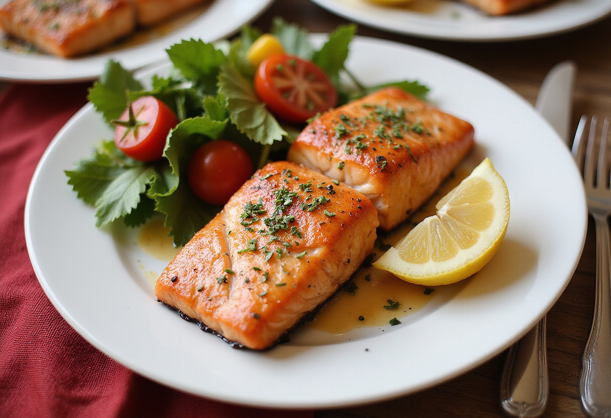 Final presentation of air-fryer salmon steaks with vegetables, showcasing a healthy and appetizing meal.