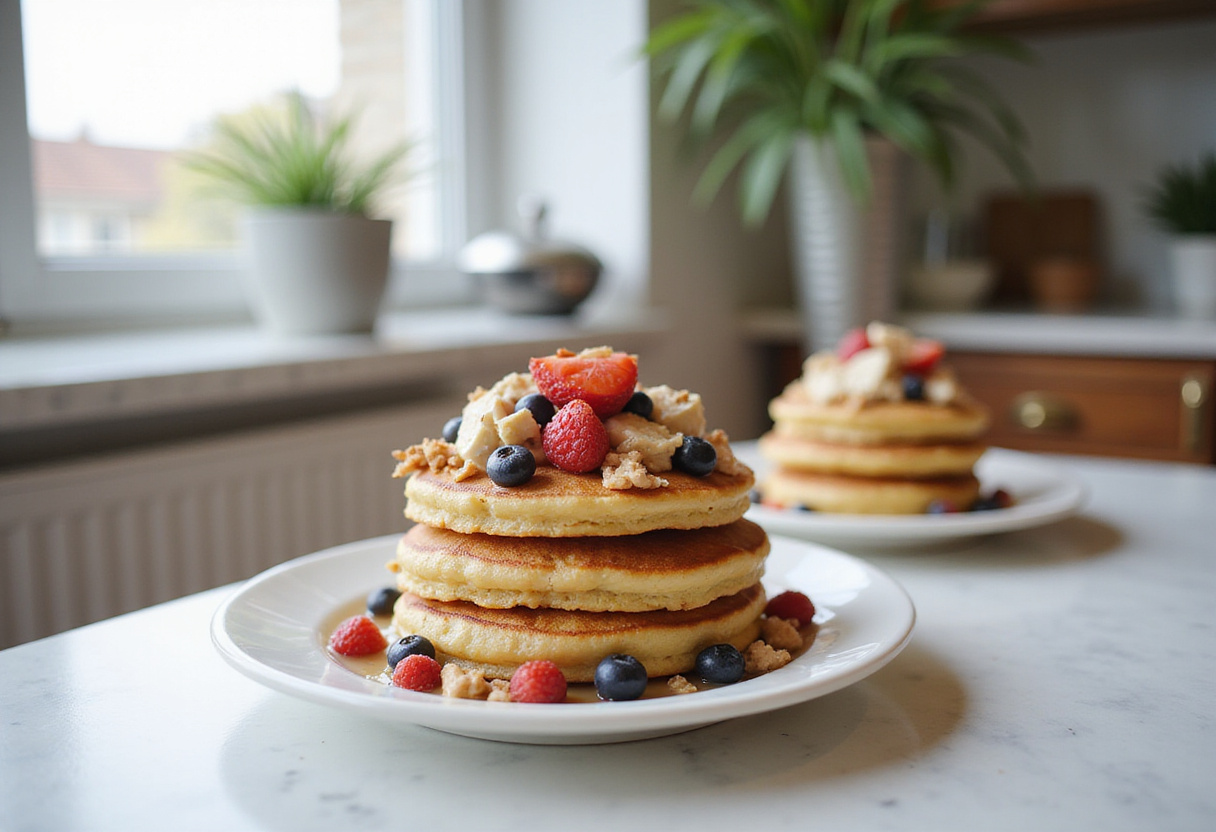 Delicious baked protein pancake bowls topped with fresh fruits and honey, served in a captivating presentation on a rustic wooden table.