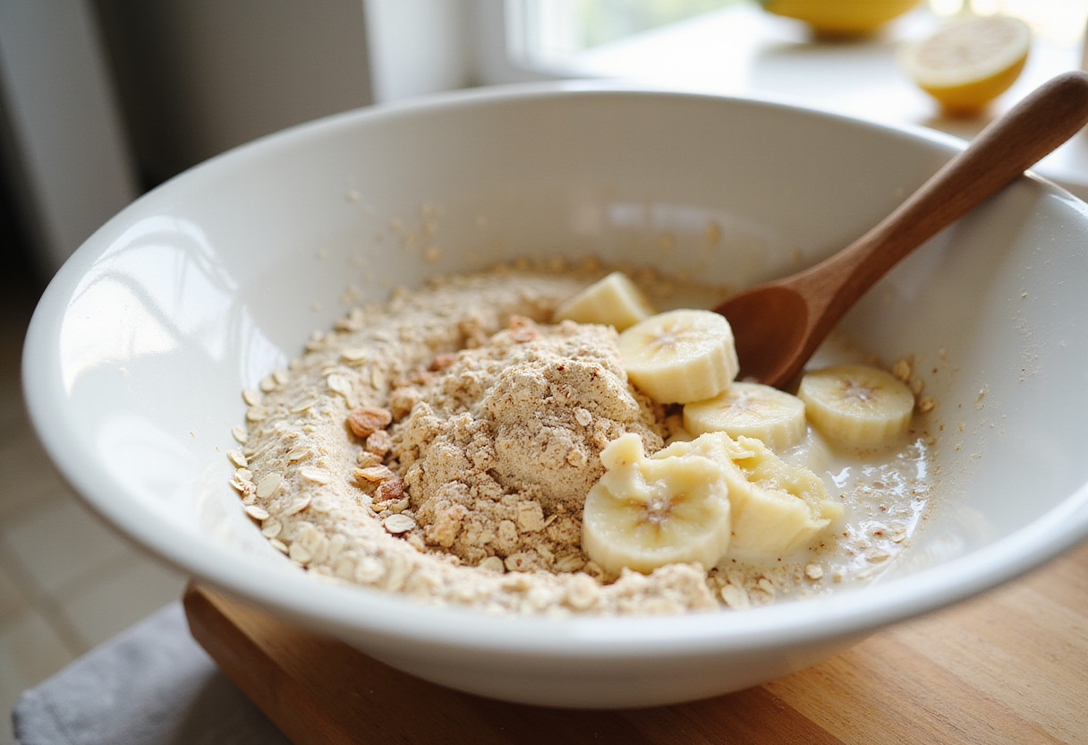 Ingredients for baked protein pancake bowls including oats, protein powder, and baking powder in a mixing bowl on a dark countertop.