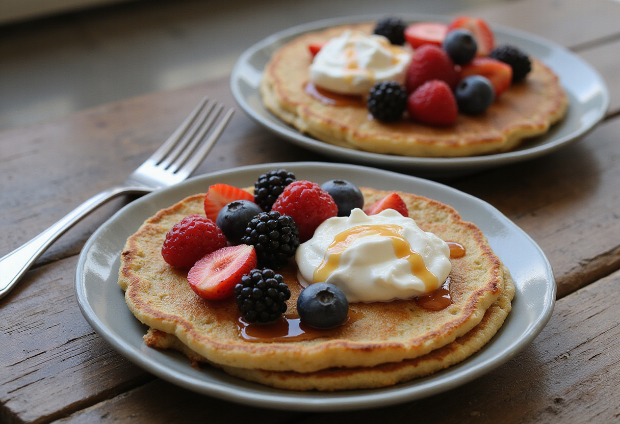 Pouring pancake batter into a baking dish to create delicious baked protein pancake bowls, surrounded by kitchen utensils for baking.