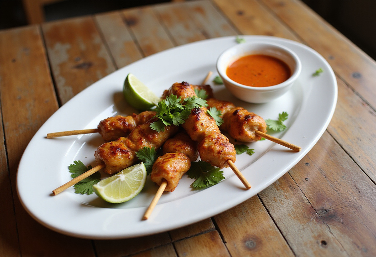 Final presentation of Bang Bang Chicken Skewers garnished with cilantro and lime, showcasing the dish's vibrant colors and textures.