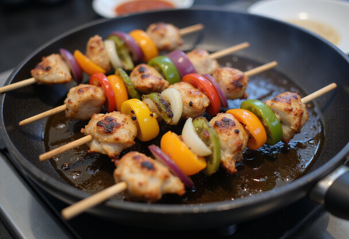 Skewers of marinated chicken and vegetables prepared to be grilled for Bang Bang Chicken Skewers.