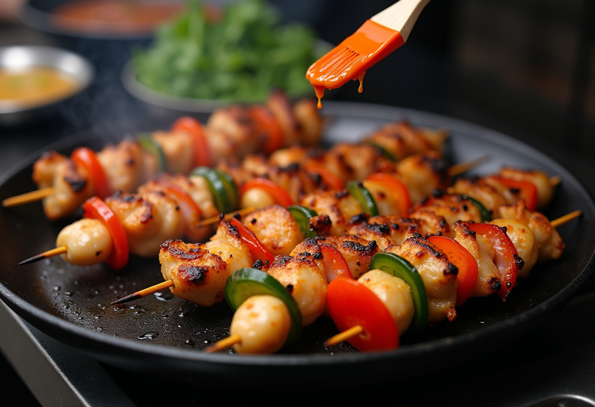 Grilling Bang Bang Chicken Skewers with a spicy sauce glaze on a hot grill pan.
