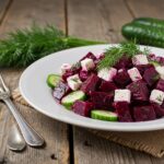 Final presentation of Beet Salad with Feta, Cucumbers & Dill on a rustic wooden table, showcasing the vibrant colors of the ingredients.