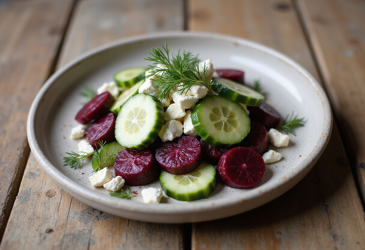 Final presentation of Beet Salad with Feta, Cucumbers & Dill on a rustic wooden table, showcasing the vibrant colors of the ingredients.