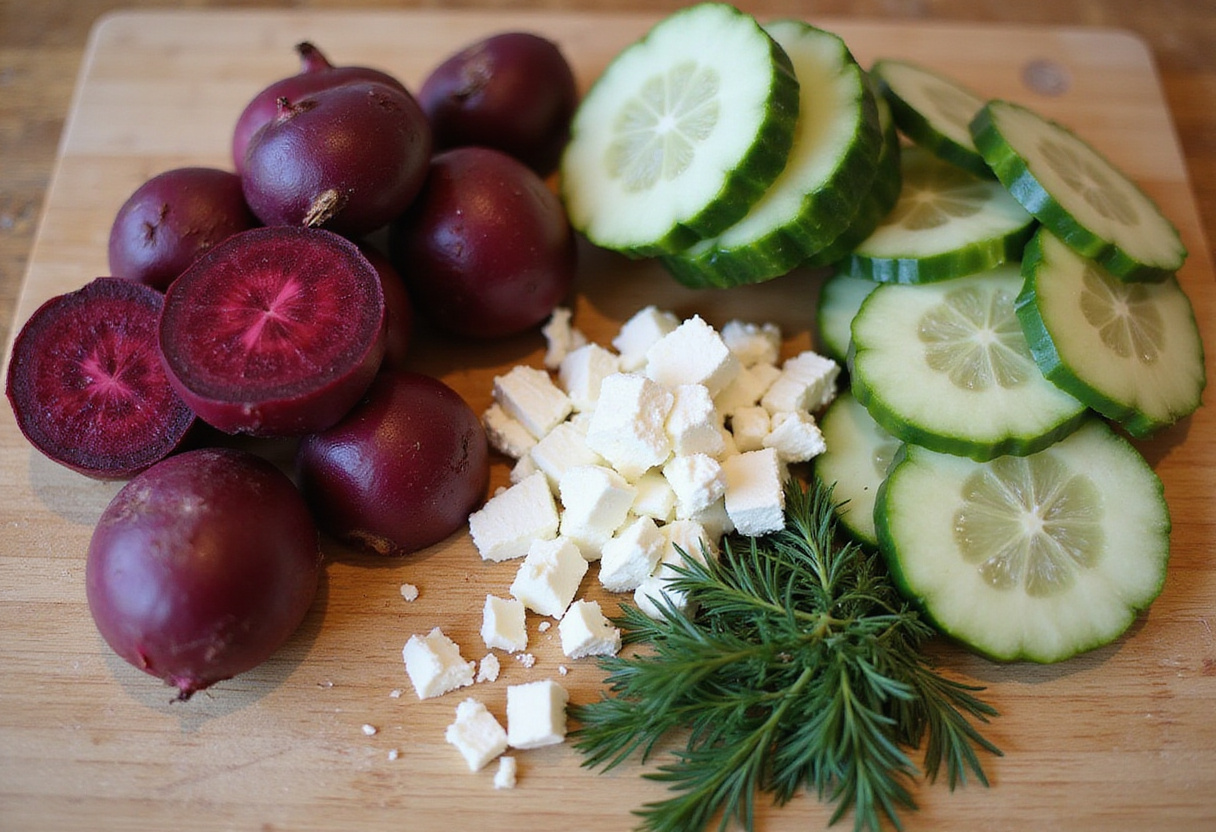 Fresh ingredients for Beet Salad with Feta, Cucumbers & Dill displayed on a cutting board, featuring colorful beets, crunchy cucumbers, and fragrant dill.