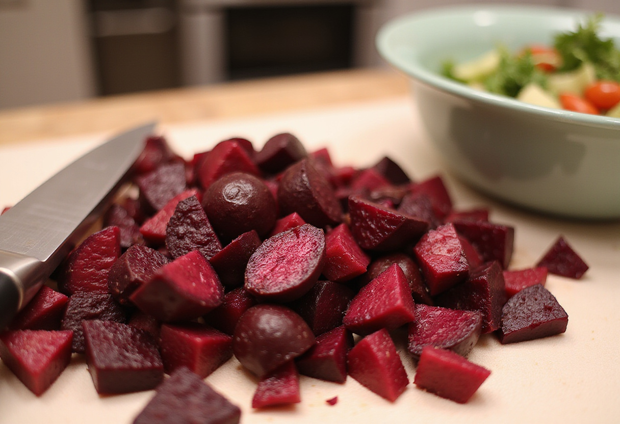 Chopped roasted beets being prepared for a Beet Salad with Feta, Cucumbers & Dill, emphasizing the vibrant color and texture of the beets.