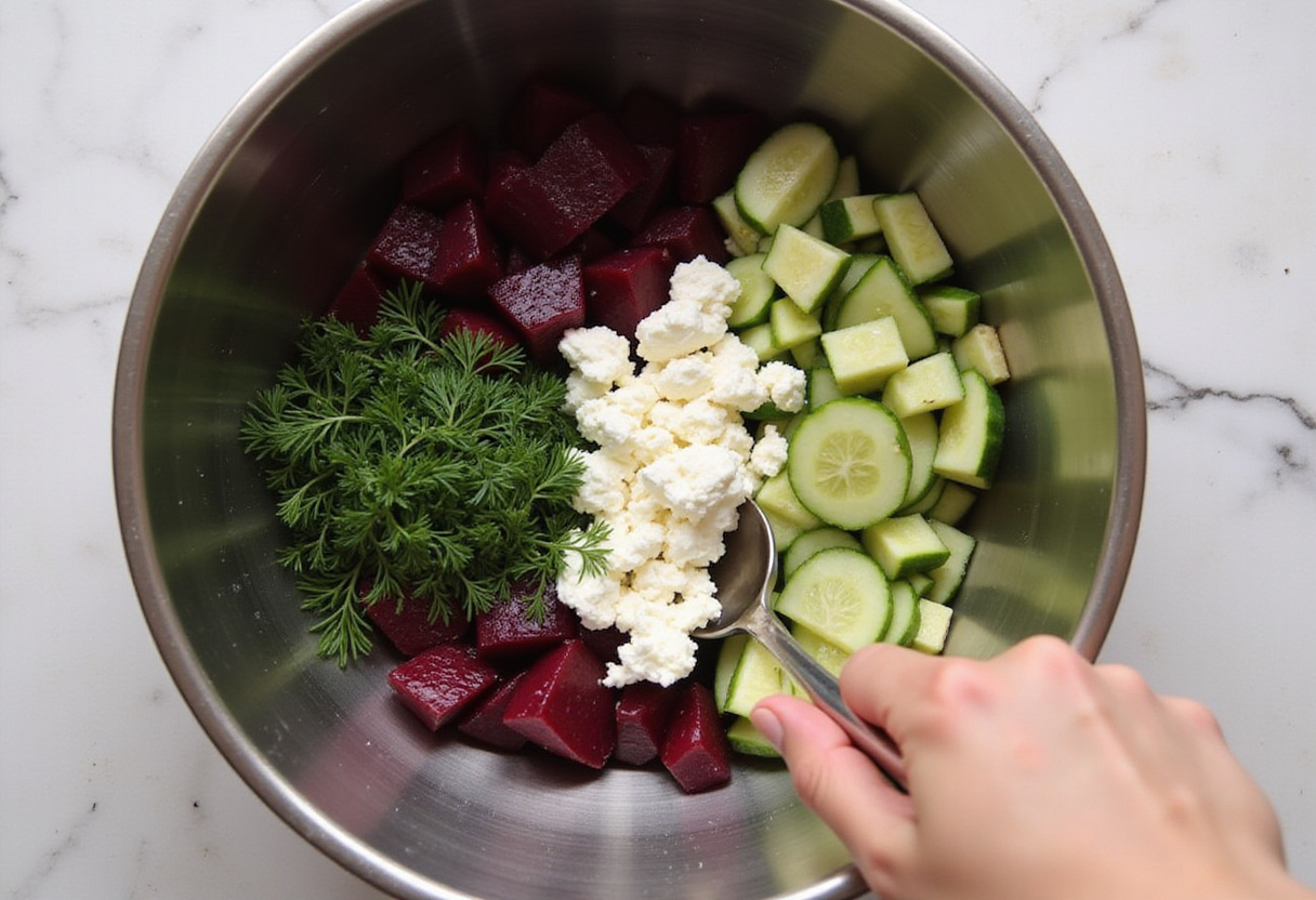 Ingredients being mixed for Beet Salad with Feta, Cucumbers & Dill showcasing the vibrant colors and textures as they are combined in a bowl.