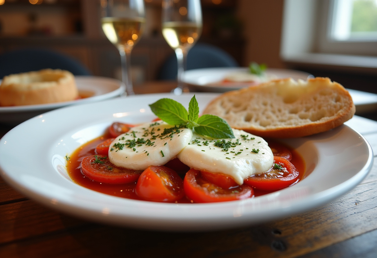 Elegant table setting with best roasted tomatoes and burrata dish, showcasing a delicious and inviting meal perfect for entertaining.