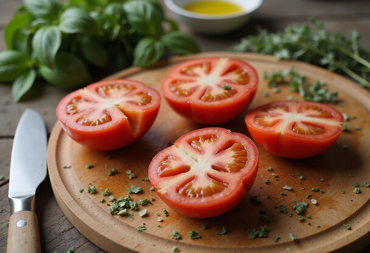 Half-cut ripe tomatoes on a cutting board, surrounded by fresh herbs and olive oil for the best roasted tomatoes recipe.