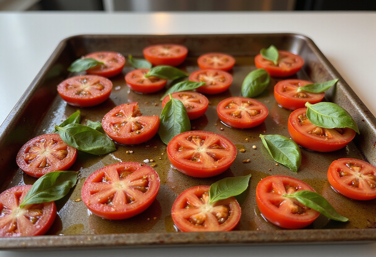 Tomatoes seasoned and arranged on a baking sheet, ready for roasting, showcasing the best roasted tomatoes with burrata preparation.