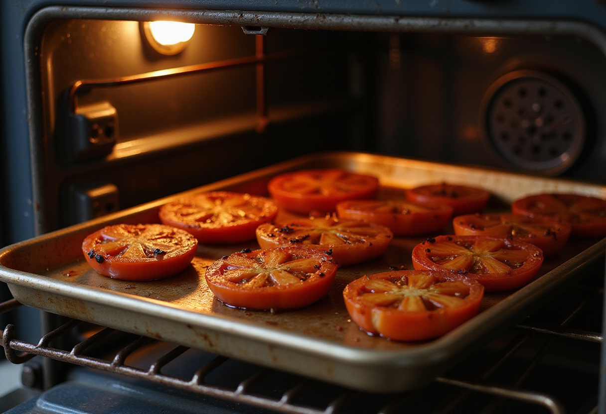 Oven-roasted tomatoes turning golden brown, highlighting the roasting process for the best roasted tomatoes with burrata dish.