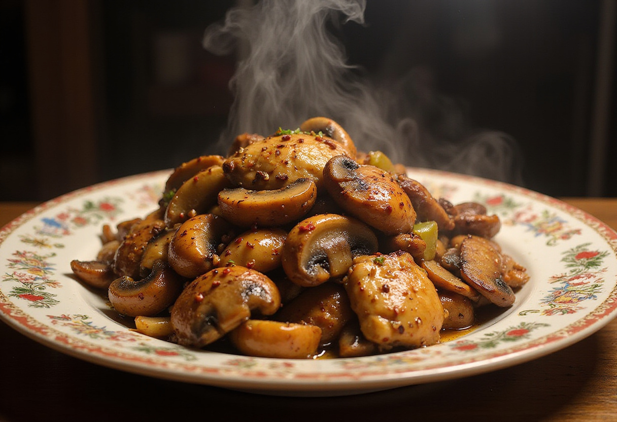 Final presentation of Black Pepper Chicken with Mushrooms, highlighting the tempting flavors and vibrant colors.