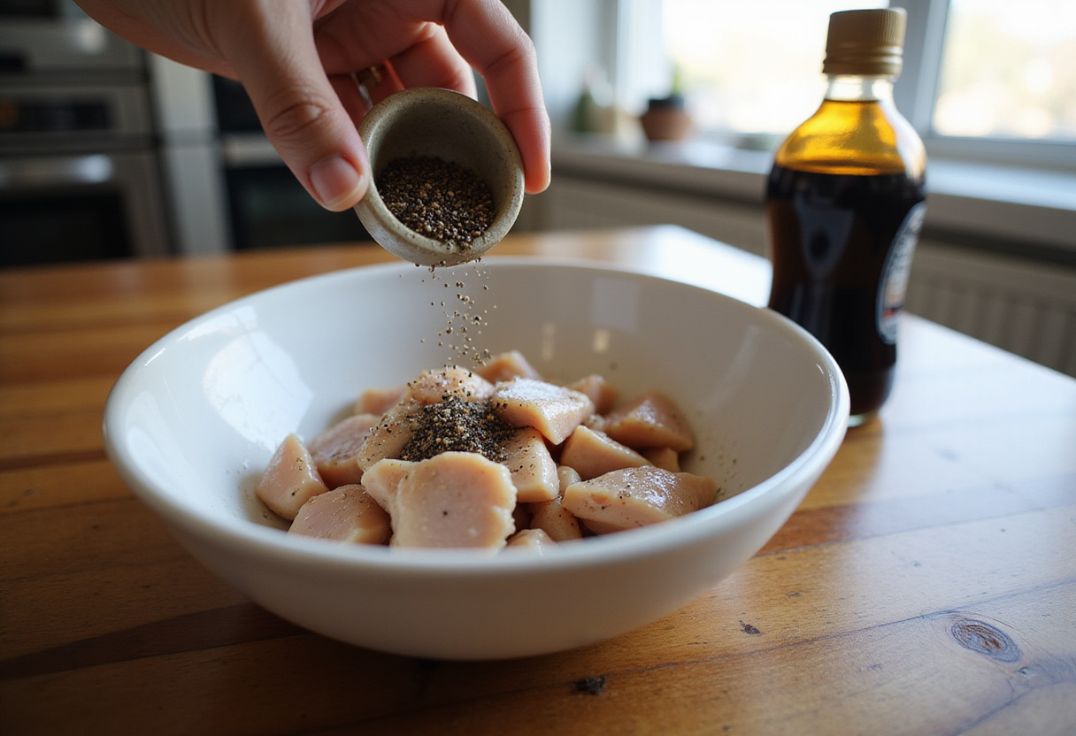 Seasoning diced chicken breast with black pepper and salt for Black Pepper Chicken with Mushrooms.