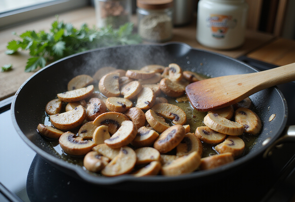 Sautéing sliced mushrooms in a skillet for delicious Black Pepper Chicken with Mushrooms.
