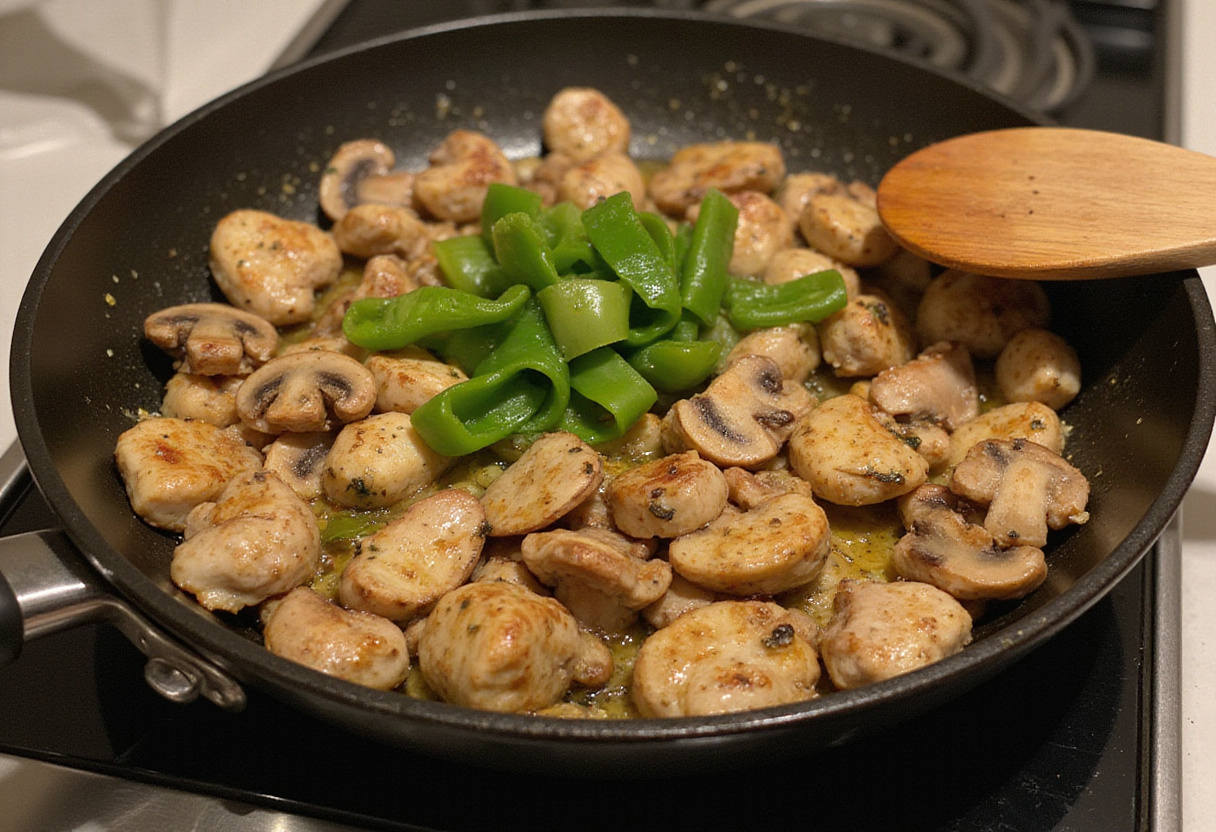Combining browned chicken and sautéed mushrooms with bell peppers for a savory Black Pepper Chicken with Mushrooms dish.