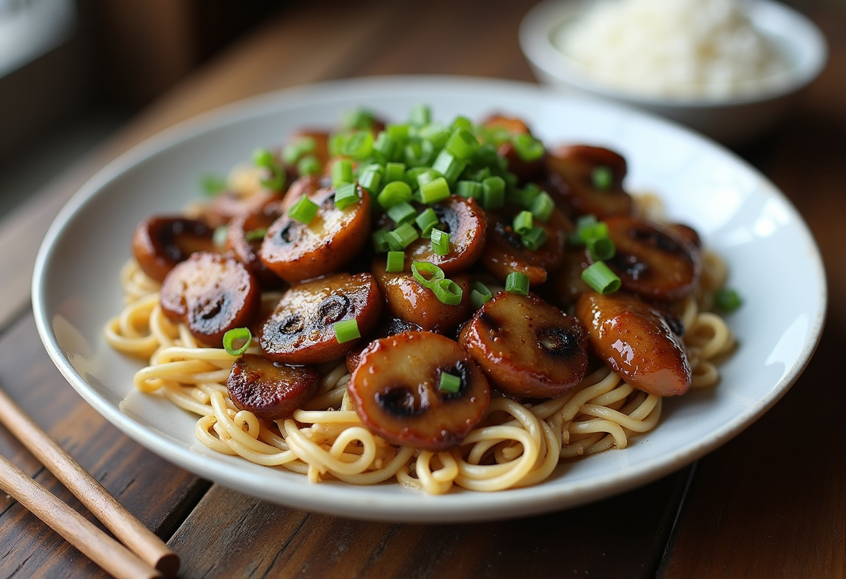 Serving a delicious plate of Black Pepper Chicken with Mushrooms garnished with green onions.