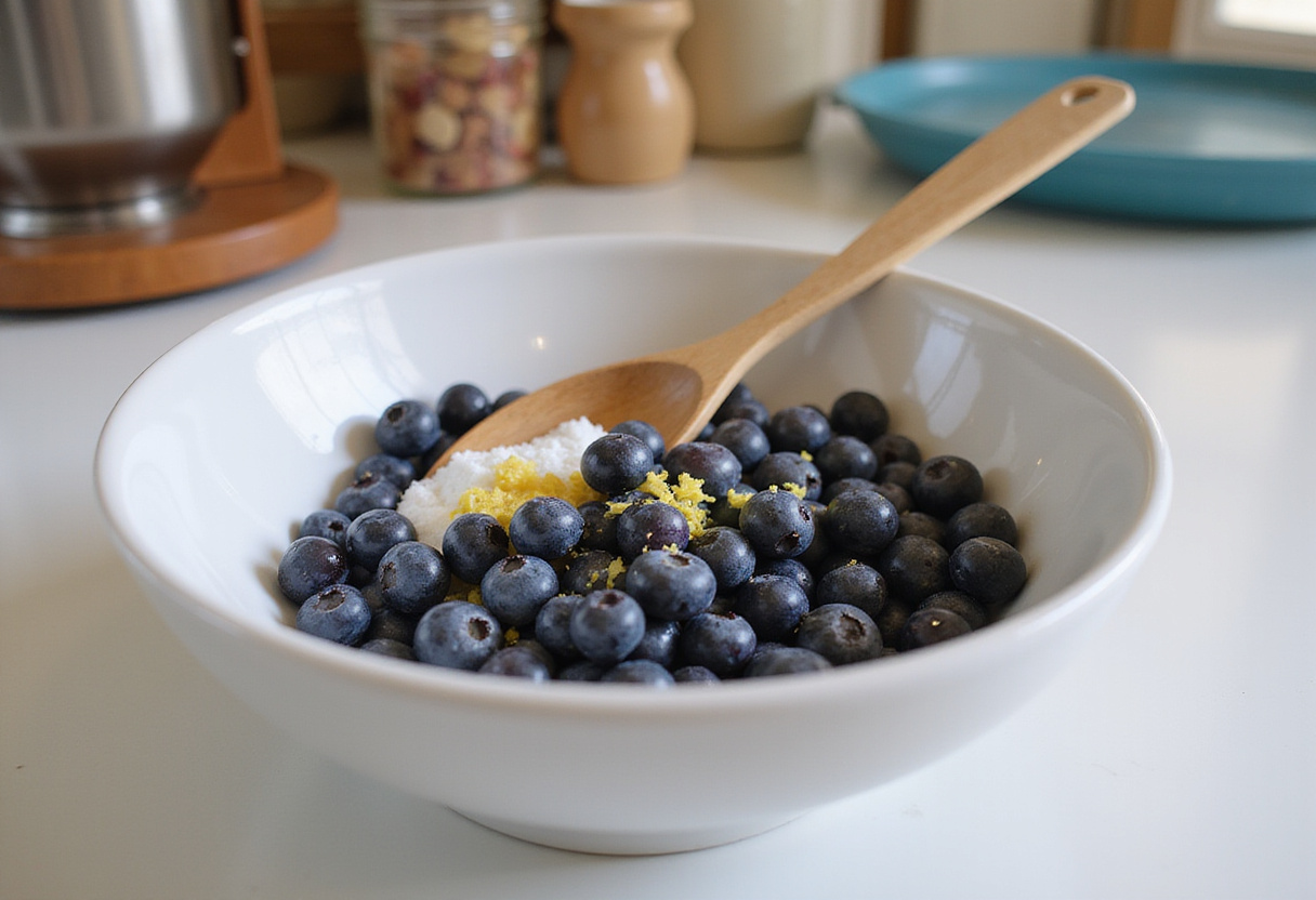 Mixing fresh blueberries with sugar and lemon zest in a kitchen, preparing to make Blueberry Boyfriend Bait.