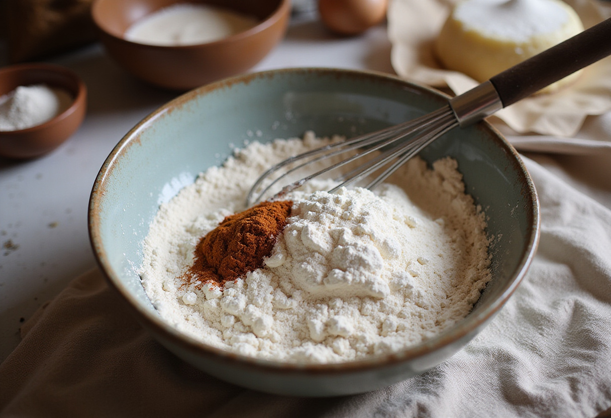 Sifting flour and baking powder for Blueberry Boyfriend Bait recipe in a warm kitchen setting.