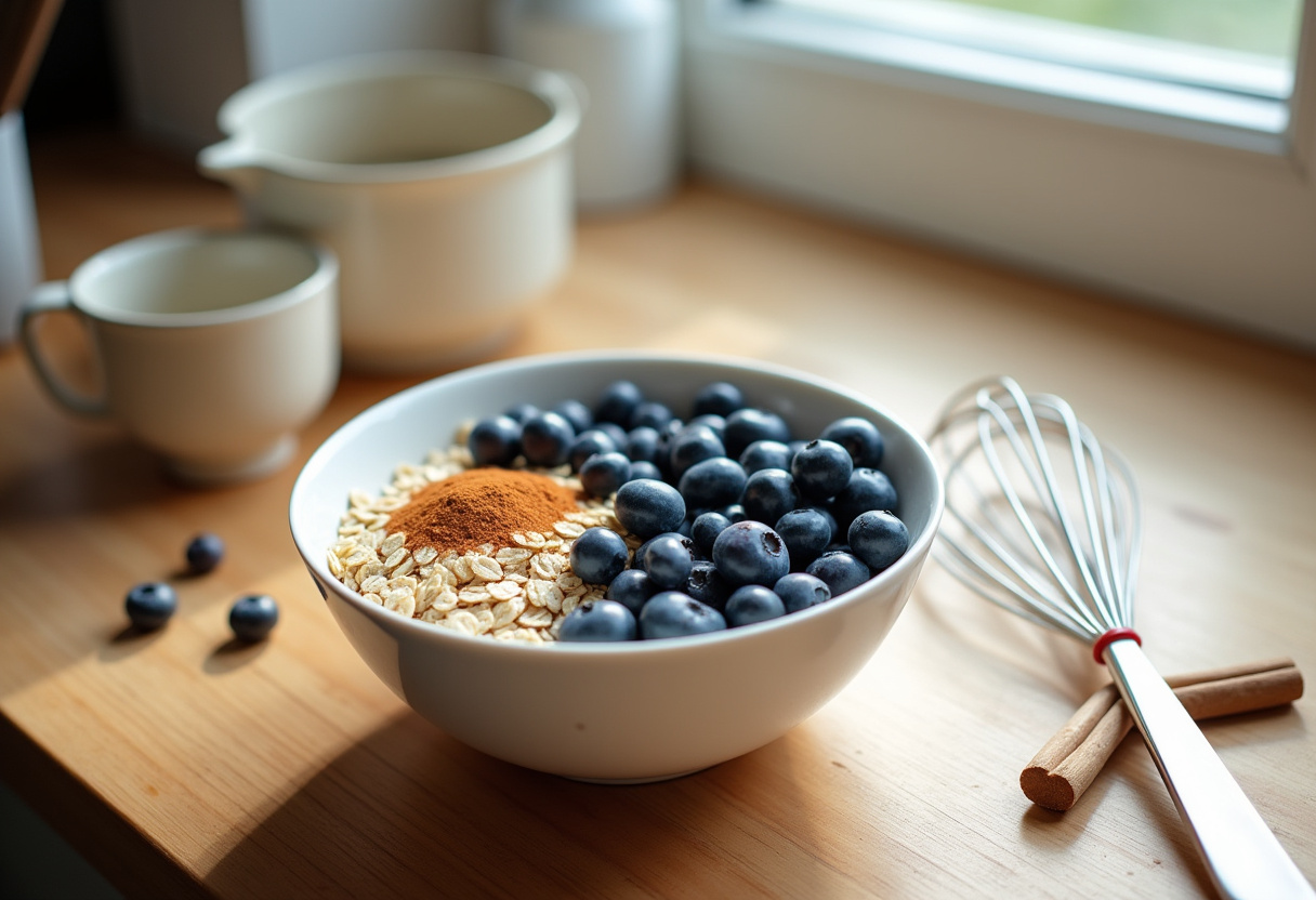 Mixing fresh blueberries with flour and sugar for a healthy blueberry breakfast bake.