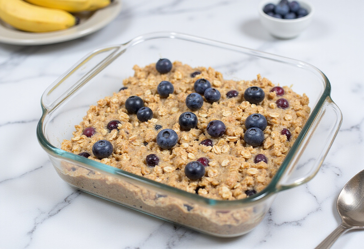 Preparing a baking dish for blueberry breakfast bake, showcasing the cooking process.