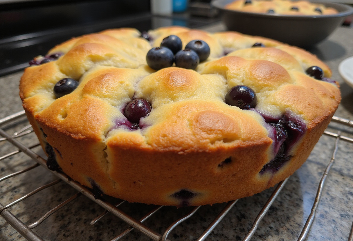 Placing the blueberry breakfast bake in the oven, preparing for delicious baking.