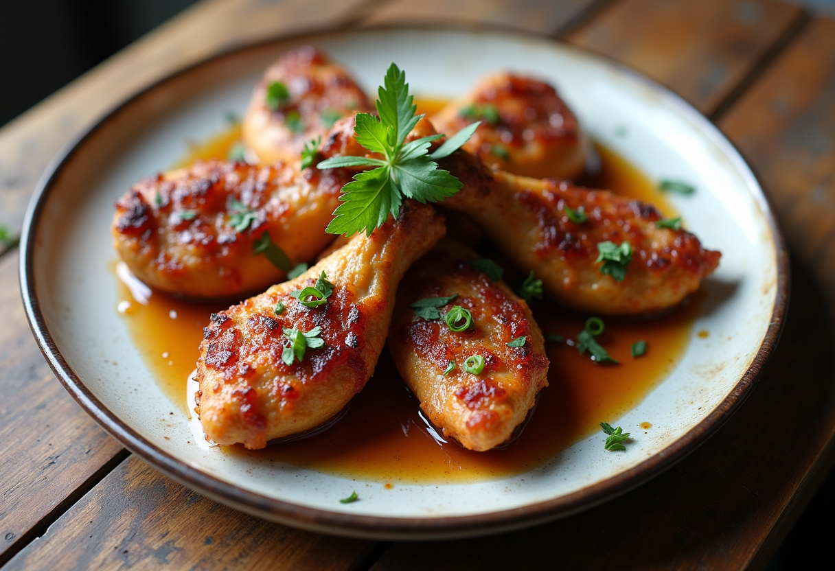 Plated caramelized bacon and brown sugar chicken tenders with herbs, showcasing a delicious final dish filled with flavor.