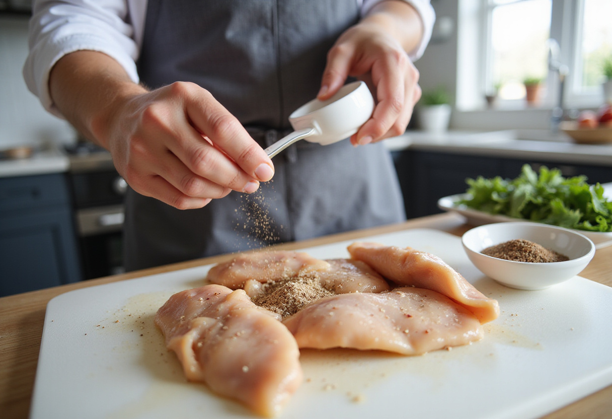 Seasoning chicken tenders with salt and pepper in a vibrant kitchen for caramelized bacon and brown sugar chicken tenders.