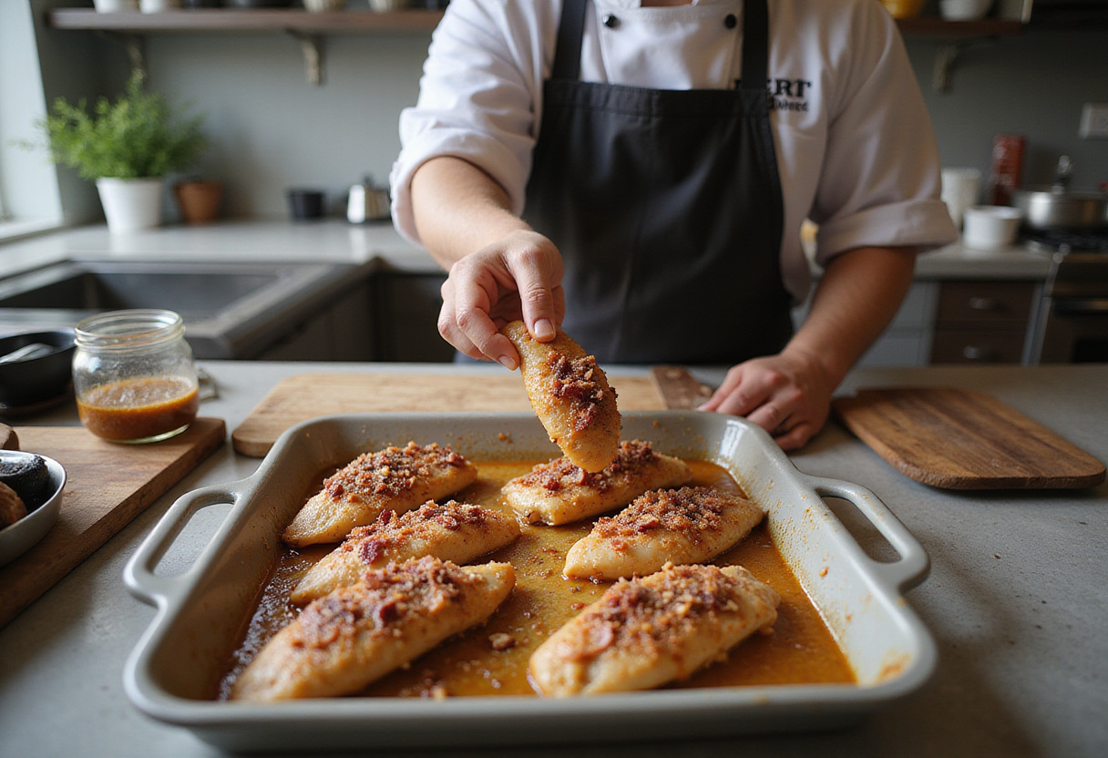 Coating chicken tenders with bacon and brown sugar mixture in preparation for baking delicious caramelized chicken tenders.