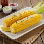 Delicious cheesy garlic butter corn on the cob, the final presentation showcasing rich flavors and a fresh garnish.
