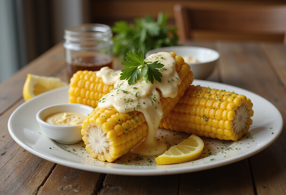 Delicious cheesy garlic butter corn on the cob, the final presentation showcasing rich flavors and a fresh garnish.