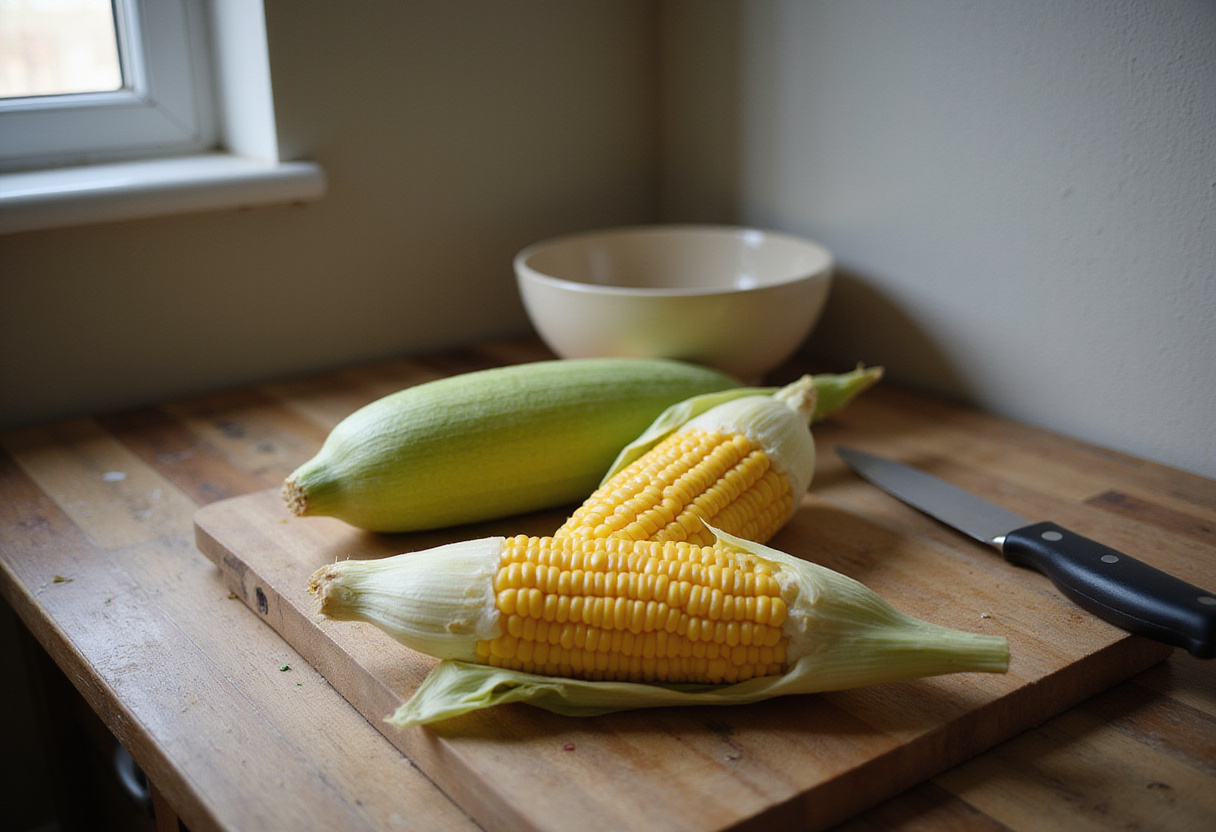 Fresh corn on the cob being husked, a key step in preparing cheesy garlic butter corn on the cob.