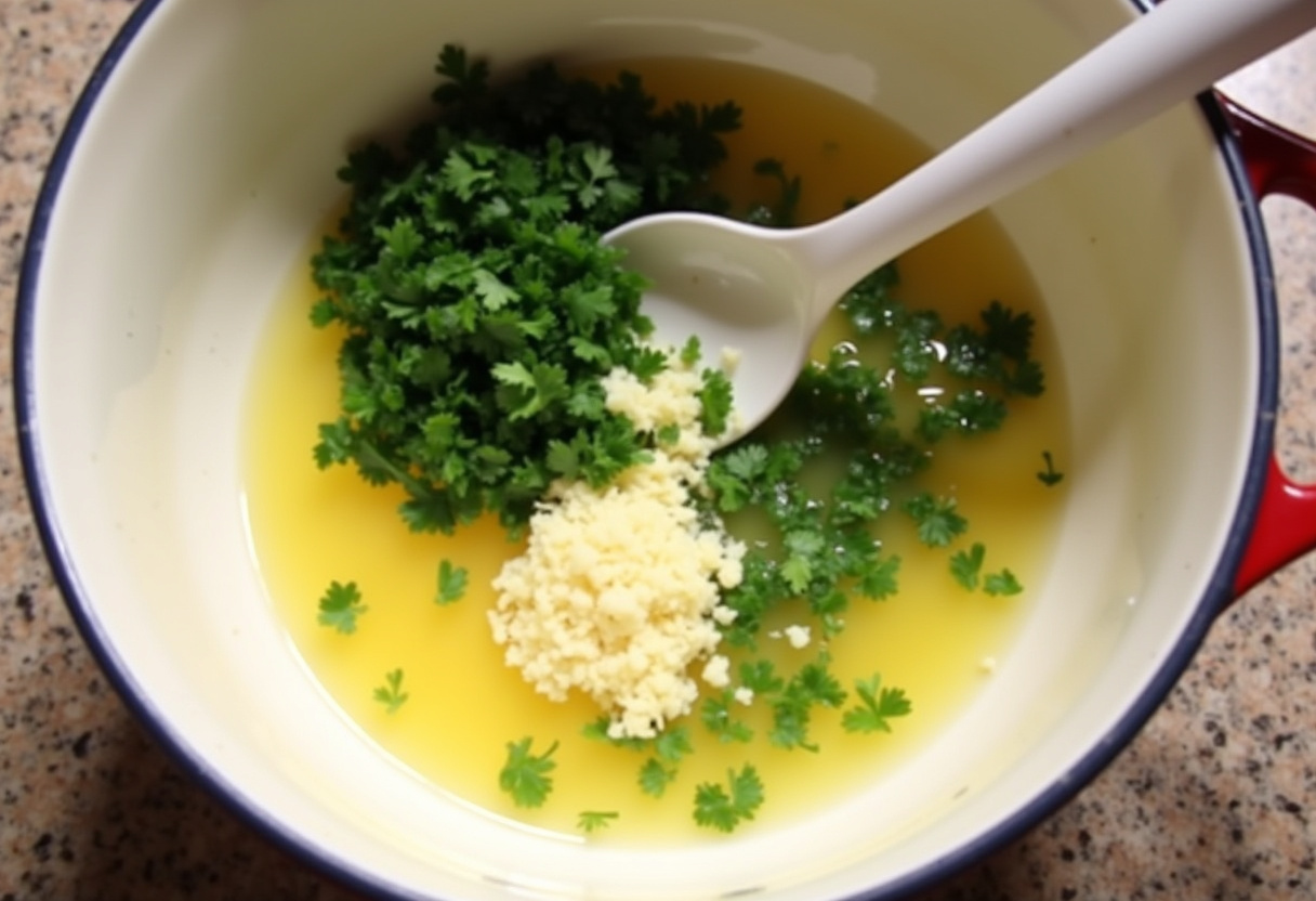 Preparing the savory garlic butter mixture for cheesy garlic butter corn on the cob, combining melted butter and garlic.