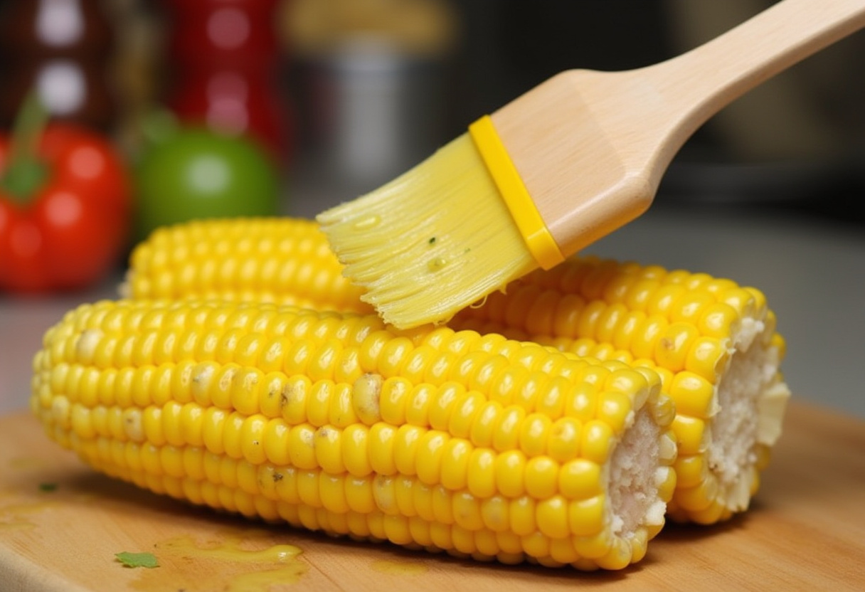 Brushing garlic butter onto fresh corn on the cob, essential in making cheesy garlic butter corn on the cob.