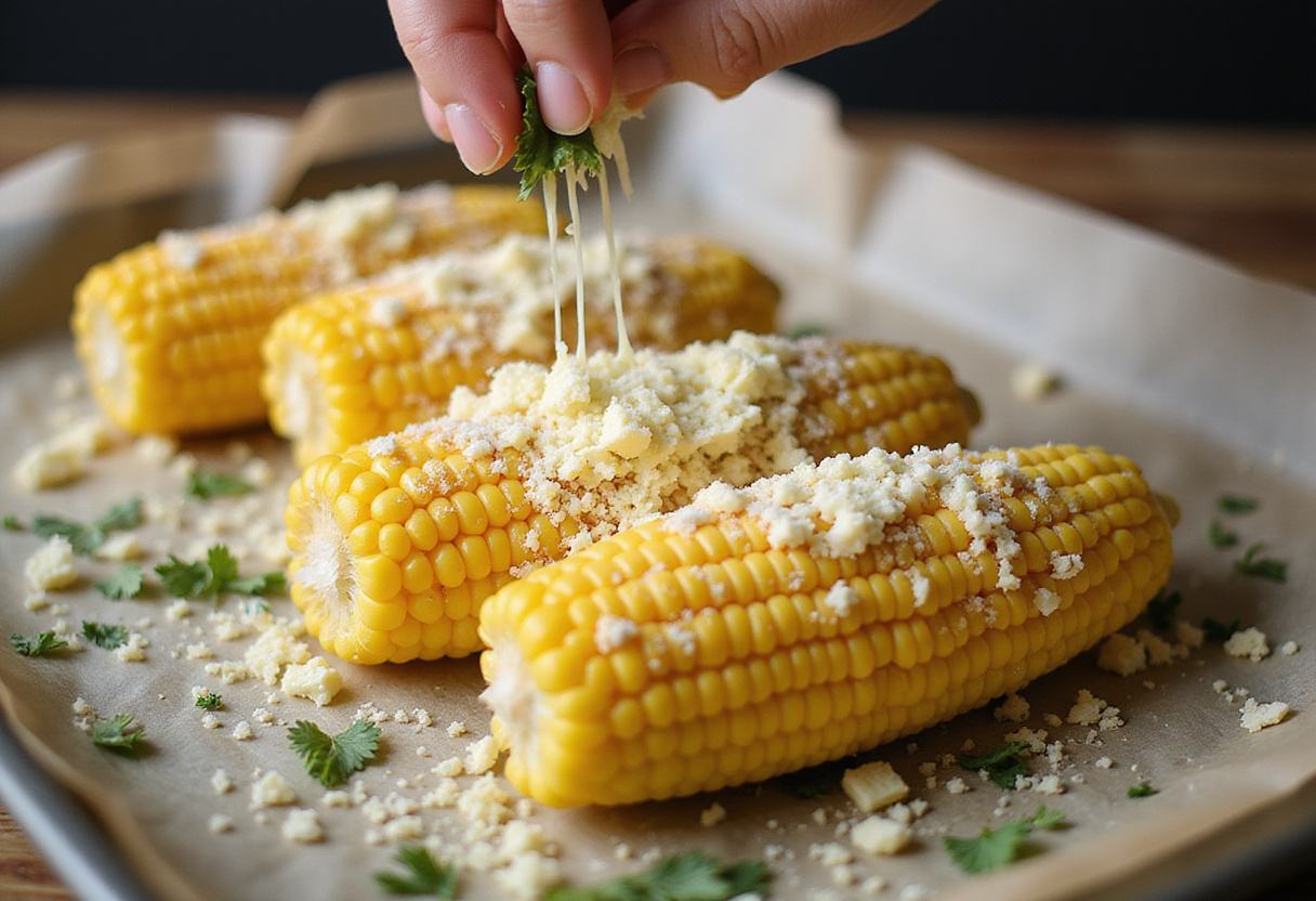 Sprinkling cheese on garlic butter corn on the cob, an important step in completing this delicious dish.