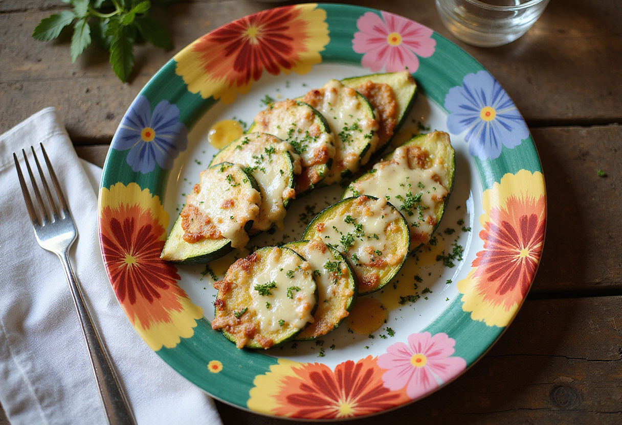 Beautifully presented Cheesy Garlic Zucchini Steaks with melted cheese, herbs, and vibrant colors, ideal for a delightful meal.