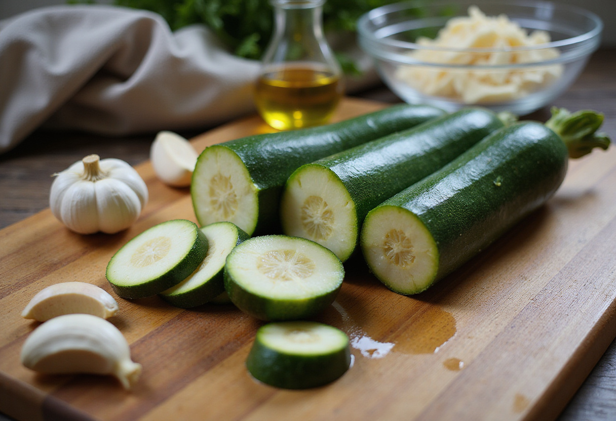 Slicing fresh zucchini into thick steaks for Cheesy Garlic Zucchini Steaks, with garlic and cheese in the background.