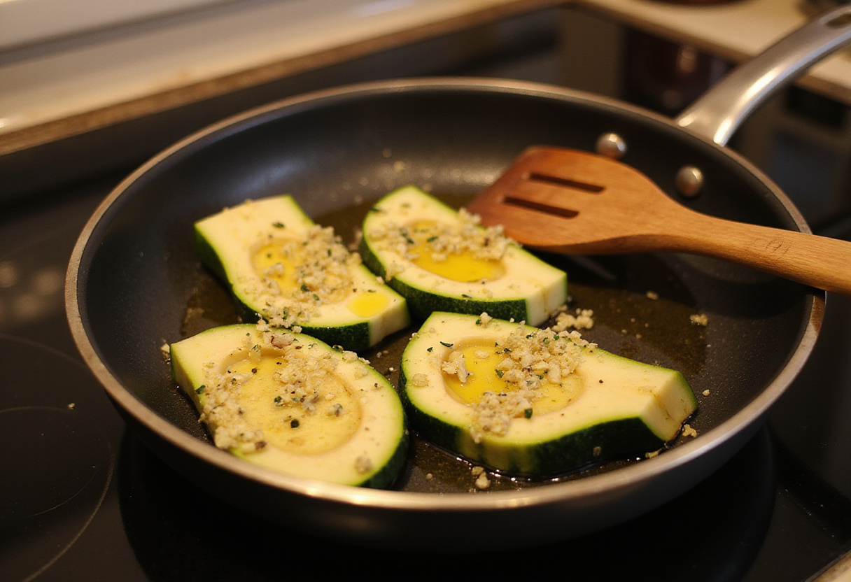 Drizzling olive oil and adding minced garlic to zucchini steaks in a skillet, preparing to cook Cheesy Garlic Zucchini Steaks.
